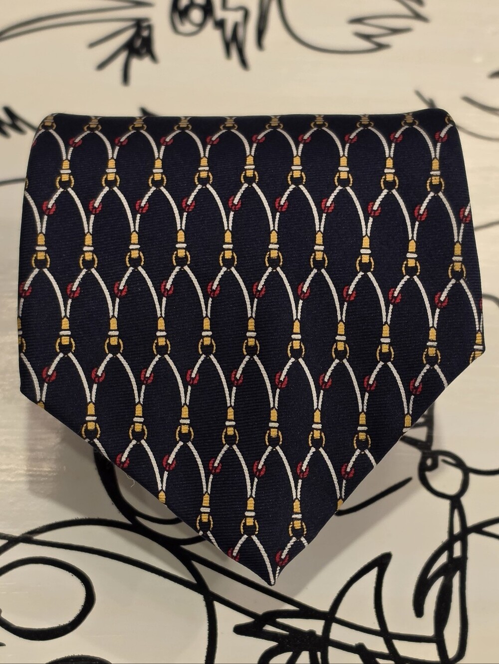 The Custom Shop Vintage Silk Tie Navy Blue Equestrian Horse Bit Pattern 58x3.75